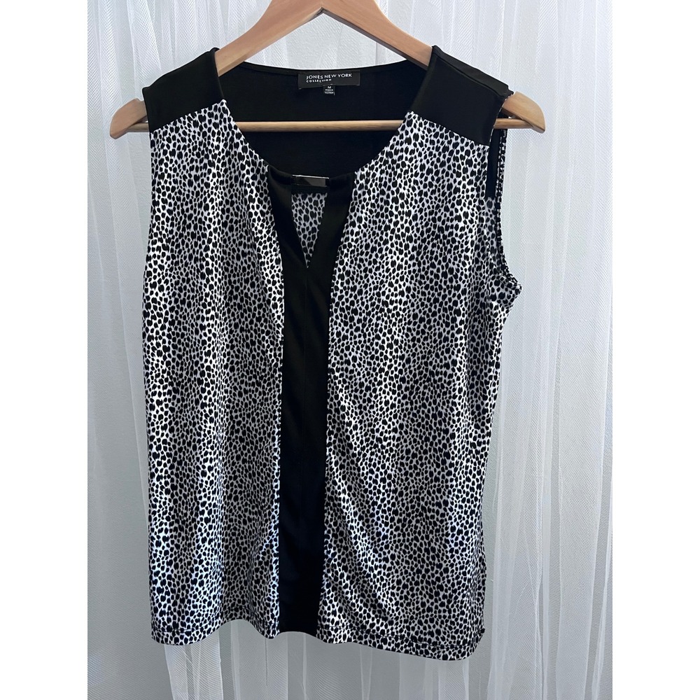 Jones New York Collection Black White Cheetah Print Sleeveless Bar Neck Blouse M